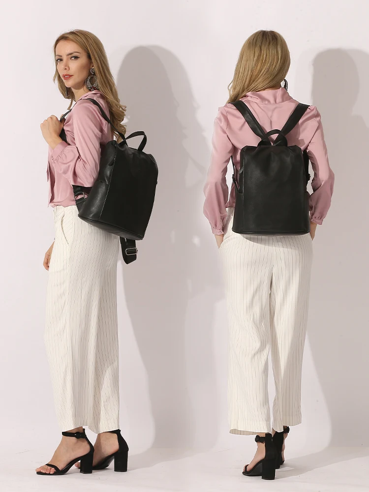 Zency-Sac à dos en cuir véritable pour femme, sac de voyage pratique, grand cartable pour filles, sac à dos femme, sac à dos pour ordinateur portable, noir, nouveau, 100%