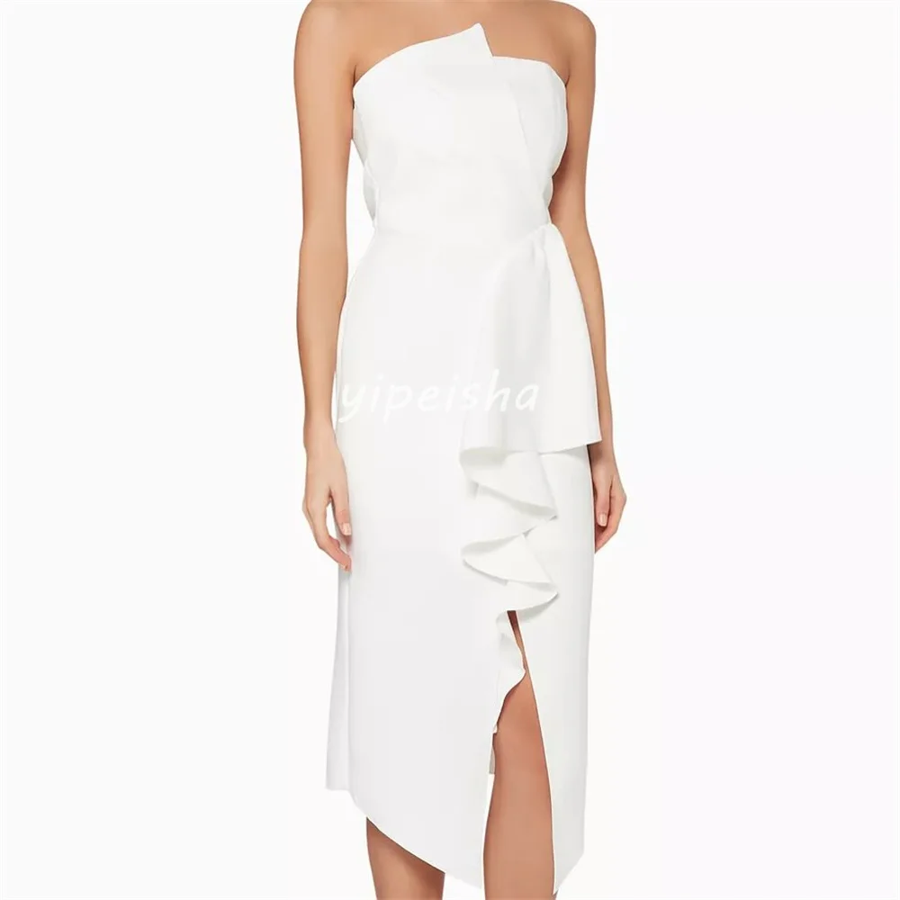 Customized Sizes Available Jersey Bow Ruched Button Straight Strapless Midi Dresses Bespoke Occasion Dresses High Quality Retro