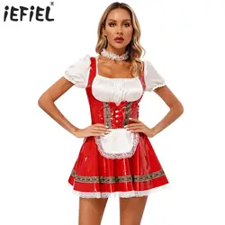 Womens Sexy Maid Costume German Bavarian Oktoberfest Beer Cosplay Dress Glossy PU Leather Lace Trim A-Line Dress with Choker