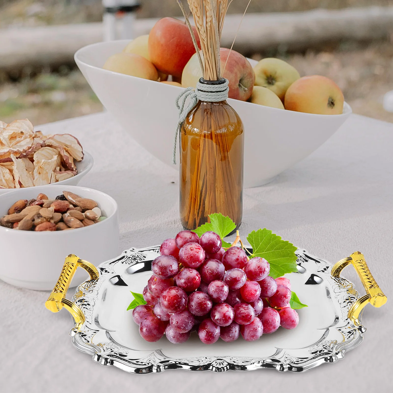 

European Style Thickened Round Stainless Steel Serving Tray Vintage Design for Hotels Restaurants Home Serving Pastries Tea