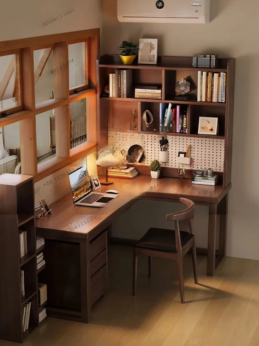 Solid wood corner desk bookshelf integrated L-shaped corner against the wall with hole board computer desk