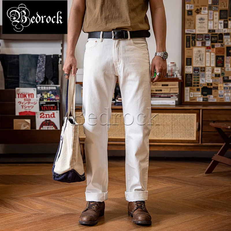 14oz One Washed White Jeans For Men Selvedge Denim Straight Leg Pants Pure Cotton Vintage Slim Fit Amekaji Jean Pants