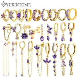 925 Sterling Silver Ear Needle Purple Crystal Pendant Geometry/Water Drops Hoop Gold Earrings For Women Luxury Wedding Jewelry