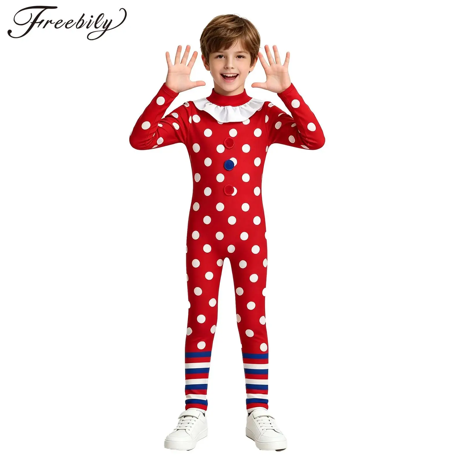 Children Halloween Clown Cosplay Costume Long Sleeve Printed Red Pompoms Jumpsuit Carnival Joker Jester Theme Party Dress Up