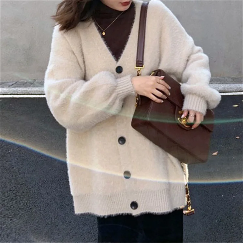 Women\'s Faux Mink Velvet Sweater Coat New Lazy Wind Outer Wear Loose V-neck Knitted Cardigan