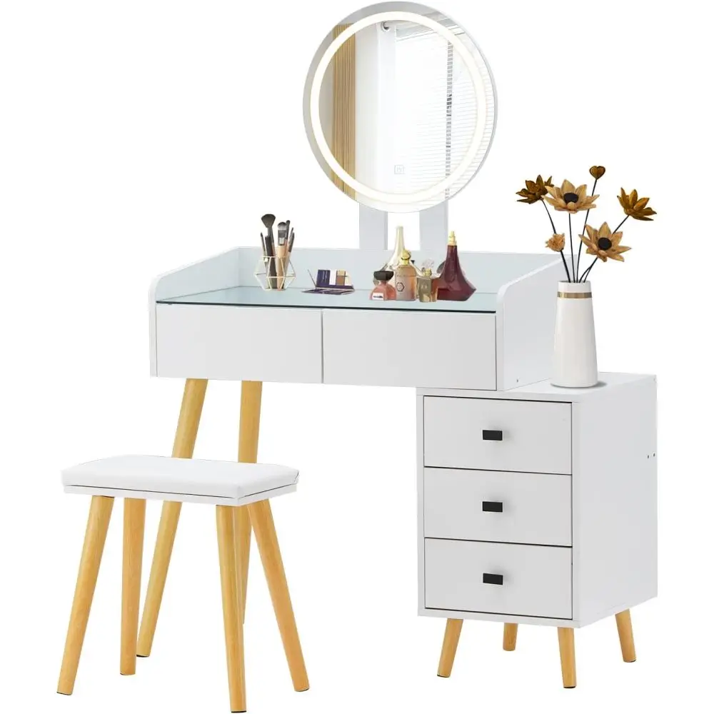 Dressing Table LED Lights Glass Top Dressing Table Extendable Side Table 5 Drawers Dressing Table Mirror and Stool for Bedroom