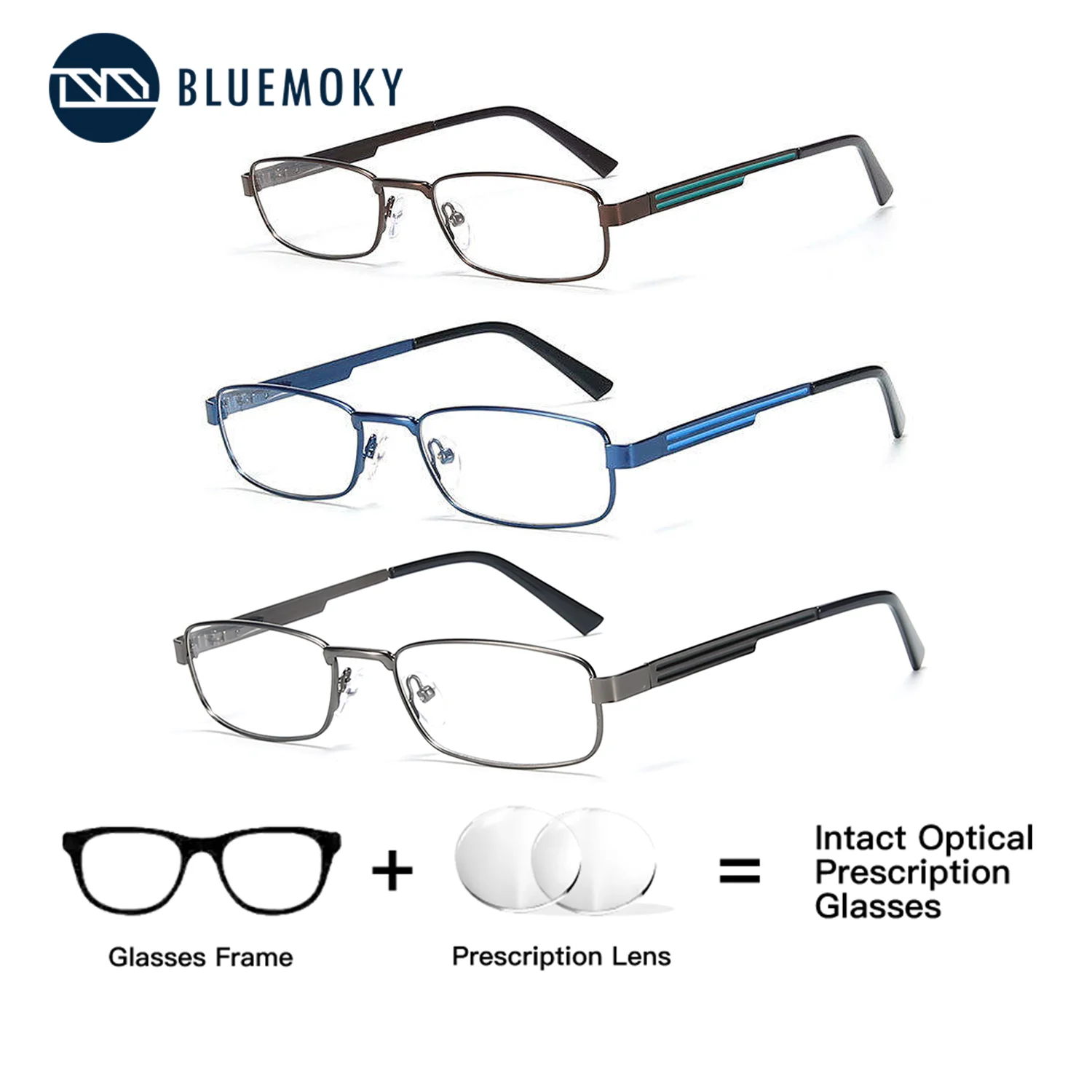 BLUEMOKY Rectangle Metal Prescription Eyewear Photochromic Blue Light Blocking Men's Glasses for Sight Degree Eyeglasses