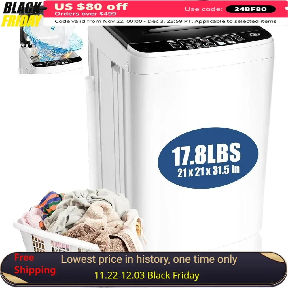 Portable Washing Machine, 17.8Lbs with Drain Pump & LED Display,10 Wash Programs 8 Water Level, 2.3 Cu.ft Full-Automatic Laundry