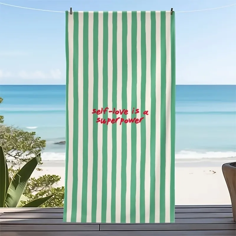 Inspirational Striped Beach Towel Oversized Green White Self Love Quote Microfiber Towel for Summer