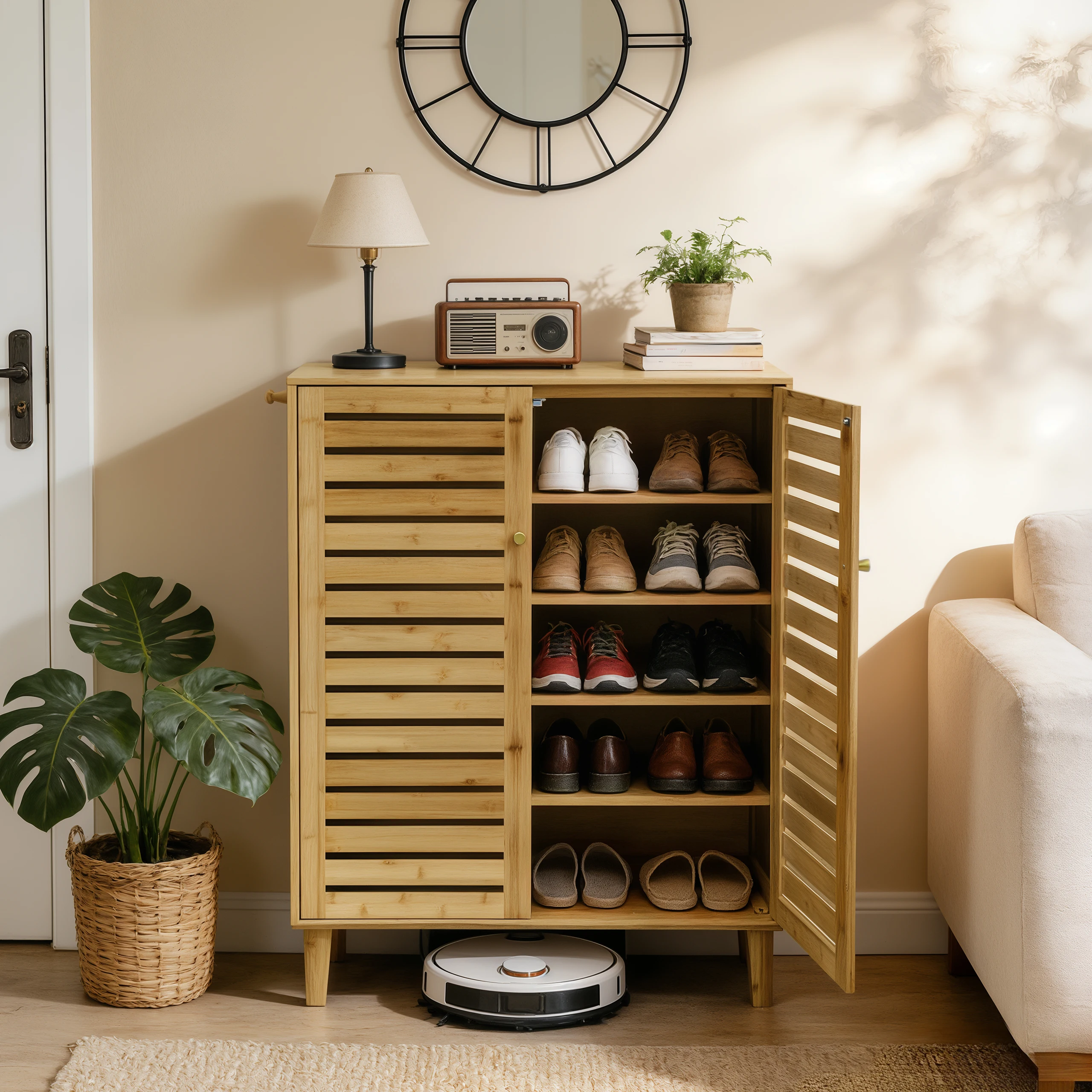 Bamboo Shoe Storage Cabinet with Slatted Doors, 5-Tier Wooden Shoe Organizer Cupboard for Entryway Hallway, Freestanding Large Shoe Rack with Side Hooks & Magnetic Closure