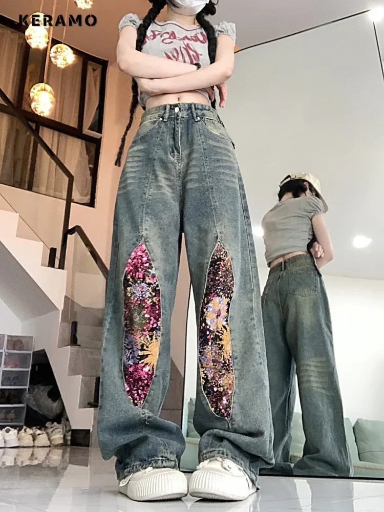 2024 Summer Women's Casual Sweet Harajuku Jeans Vintage Sequins Floral Patchwork Loose Washed Pants Y2K Wide Leg Denim Trouser