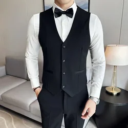 Men's Wedding Solid Color Suit Vest, Groom Groomsman Suit, Black Single-Breasted Slim Fit Waistcoat , Business Casual, M-7XL