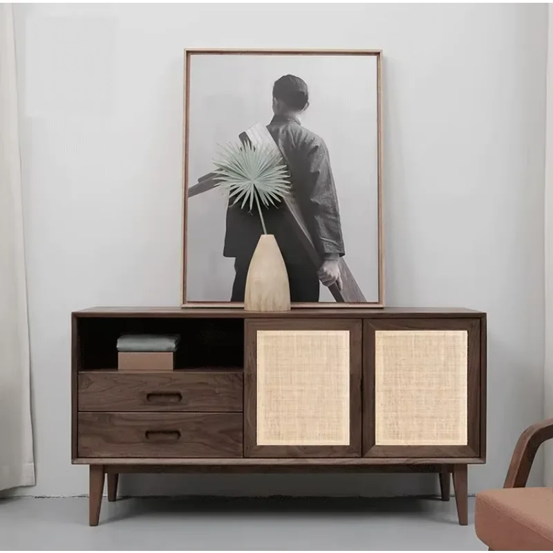 Morden Walnut  Veneer  MDF  Tv Stand Furniture with Cane Rattan Door