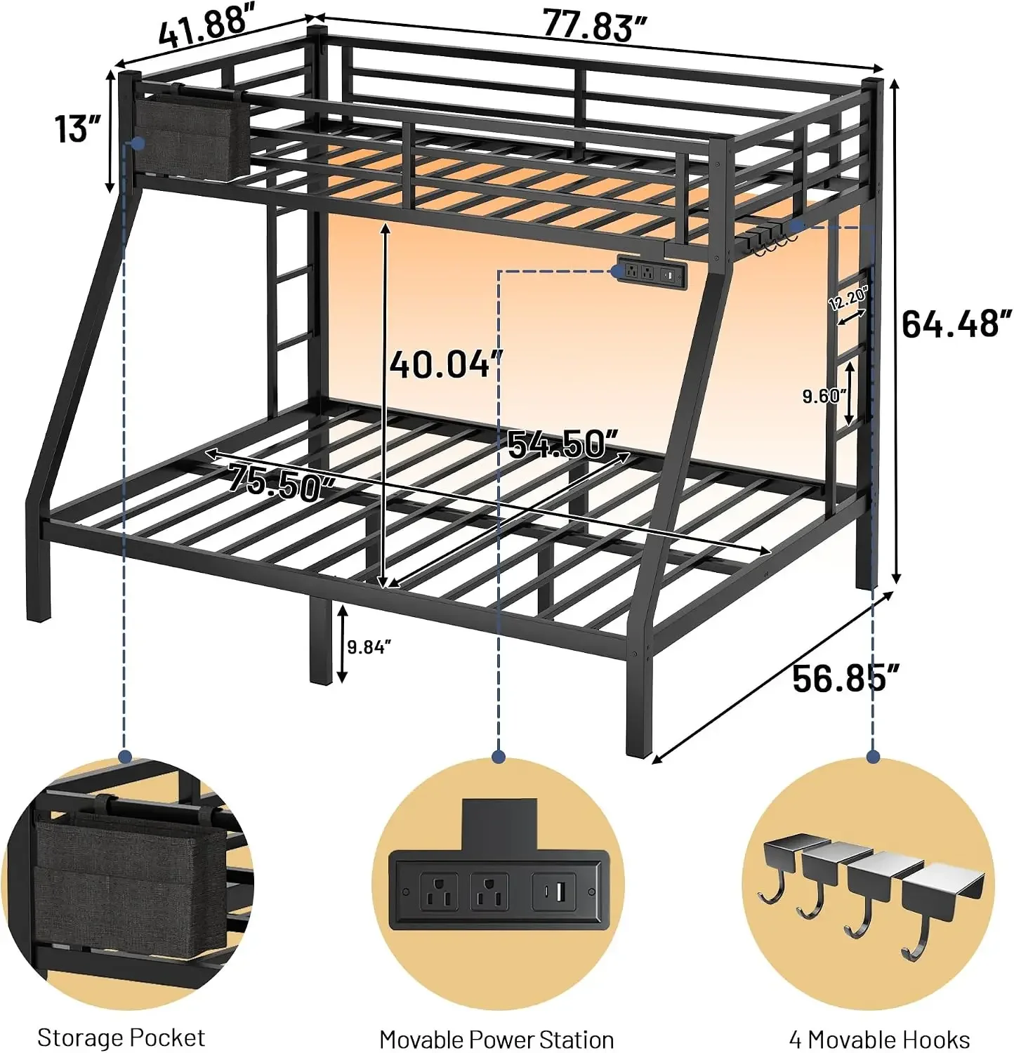 Twin Over Full Bunk Bed, Metal Bunk Bed Frame Heavy Duty Bunk Beds Loft Bed Frame with Ladder and Guardrail Metal Slats No Box