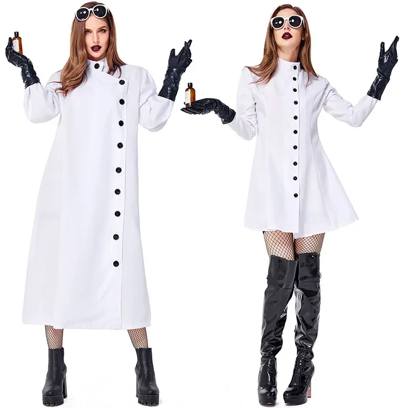 

Костюм ученого-безумца для взрослых, унисекс, больших размеров, белый халат для Хэллоуина, Пурима, вечеринки, маскарадный костюм безумного доктора