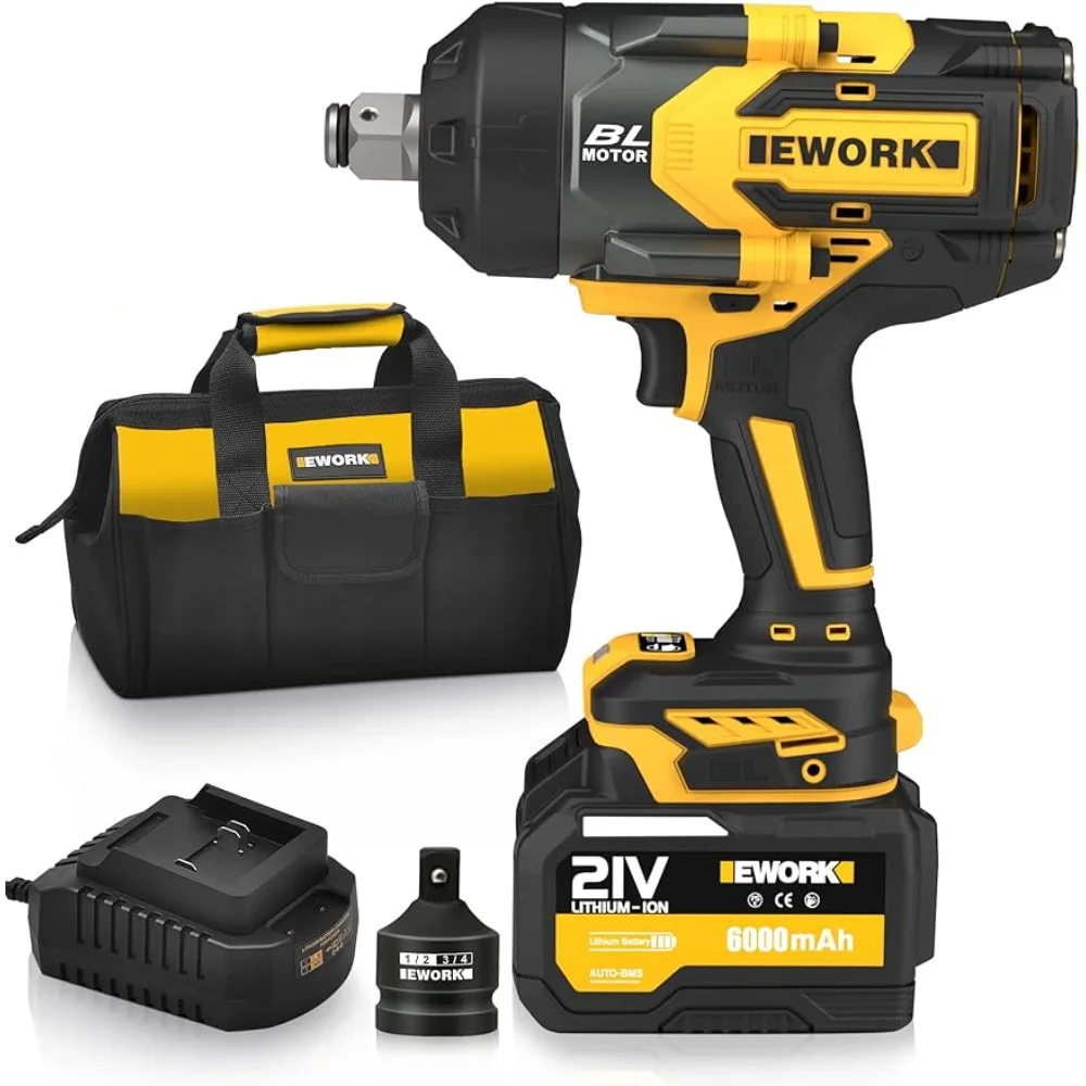 

Cordless Impact Wrench 3/4 Inch 21V Brushless Max 1500 Ft-lbs High Torque Impact Gun with 3/4" to 1/2 Inch Socket Adapter