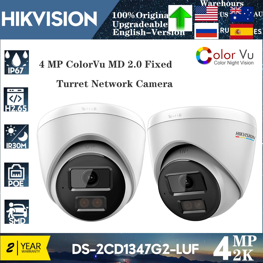 Hikvision Original DS-2CD1347G2-LUF 4MP IP67 POE ColorVu Human Detection 120 dB WDR Built-in Mic Fixed Turret Network Camera