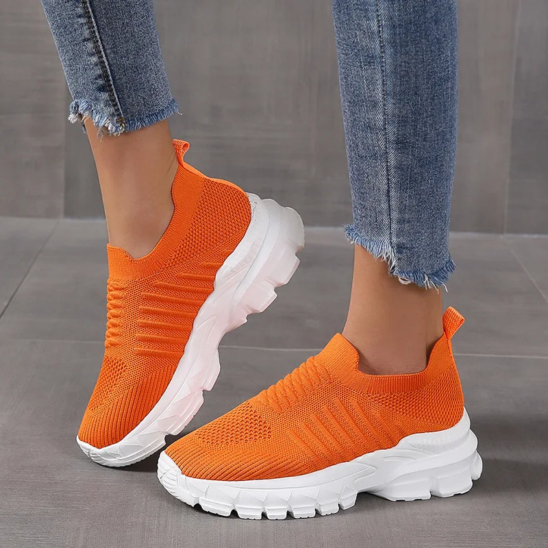 Women Platform Casual Shoe Summer Mesh Breathable Woman Sneakers Knitted Solid Color Slip-On Ladies Walking Shoes Female Flats