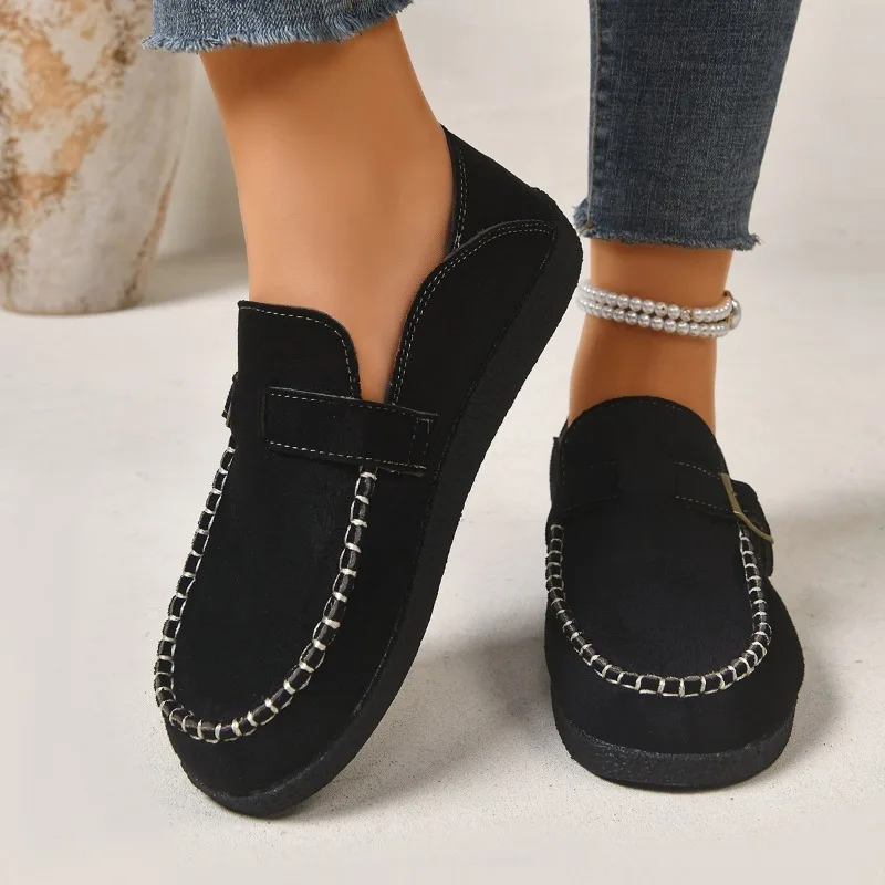 Fashion Women Contrast‑Stitch Moccasin Flats 1.5CM Flat Heel Round Toe Buckle Strap Faux‑Suede Slip‑On Casual Outdoor Shoes