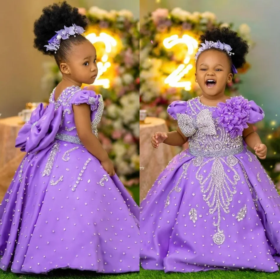 

Purple Flower Girl Dresses Satin Short Sleeve Floor-Length Baby Girl Birthday Party Wedding First Communion Holiday Dress