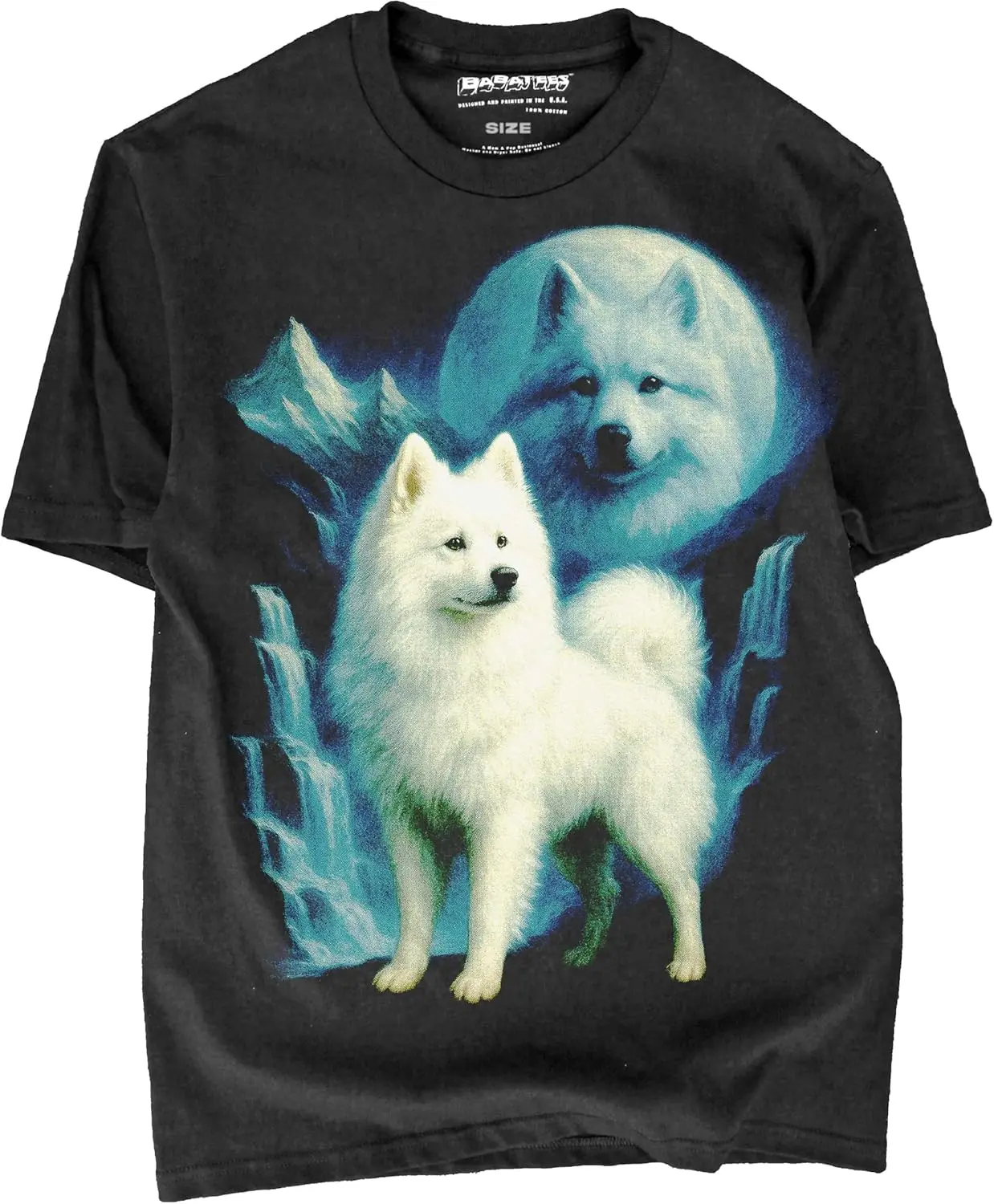 

Samoyed Dog Moon Waterfall Graphic Tee Soft Cotton Black T-Shirt Trip Casual Short Sleeve