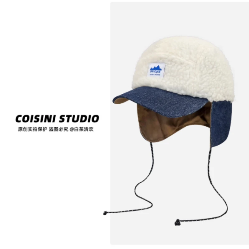 2025 جديد الدنيم تقسم الحملان الصوف تحلق قبعة للرجال والنساء الخريف والشتاء في الهواء الطلق الدافئة سدادات حماية الأذن الدانتيل متابعة منفذها القبعات #2