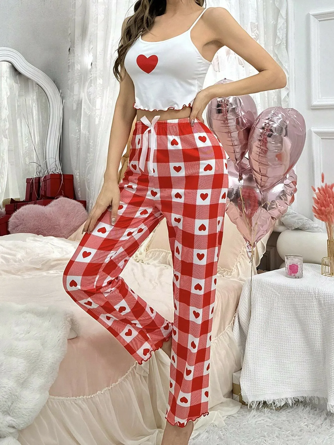 Women\'s new style pajamas halter top trousers heart pattern casual elegant two-piece home wear