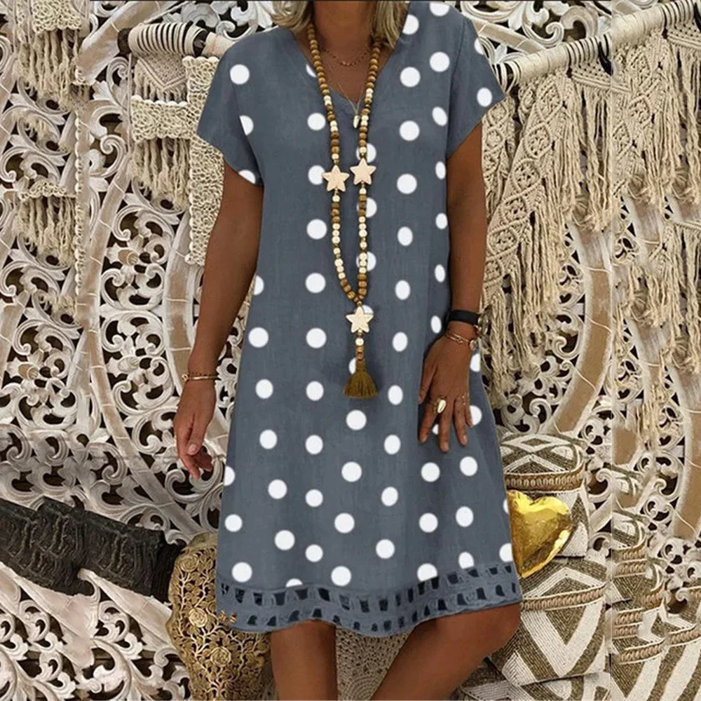 Faionable Polka Dot Print ort Sve V-Ne Midi Dr Dames Lente Zomer Nieuwe collectie Polyestervezel Princ Sle