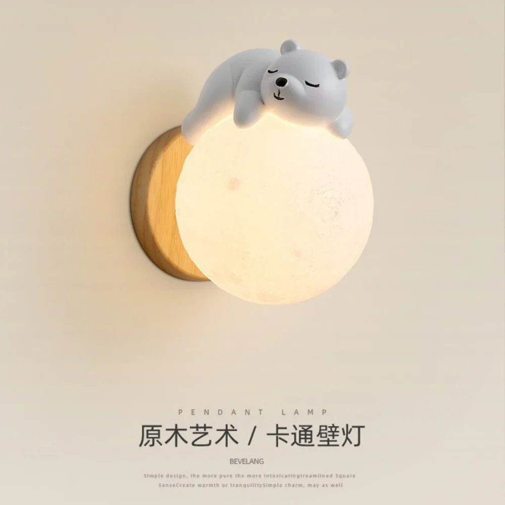 Cartoon Bear Wall Lamp Creative Moon Resin Wall Lamp Boys and Girls Children's Room Bedroom Bedside LIving Background Wall Light