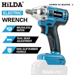 HILDA Electric Impact Wrench 18V Blue Brushless/Brushed Rechargeable 1/2 Socket Wrench Cordless Hand Drill for Makita Battery