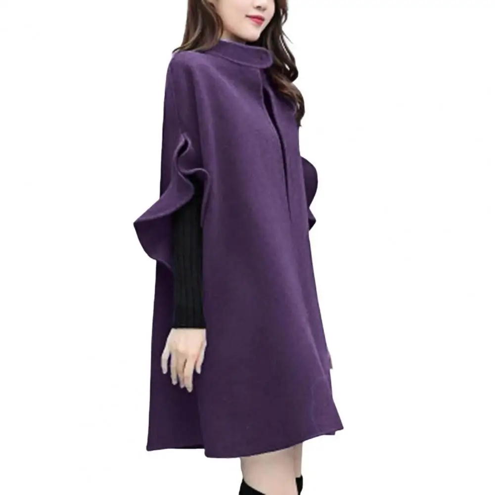 Women Winter Coat Ruffle Formal Elegant Big Hem Midi Length Long Sleeves Cardigan Stand Collar Lady Cloak Coat for Dating