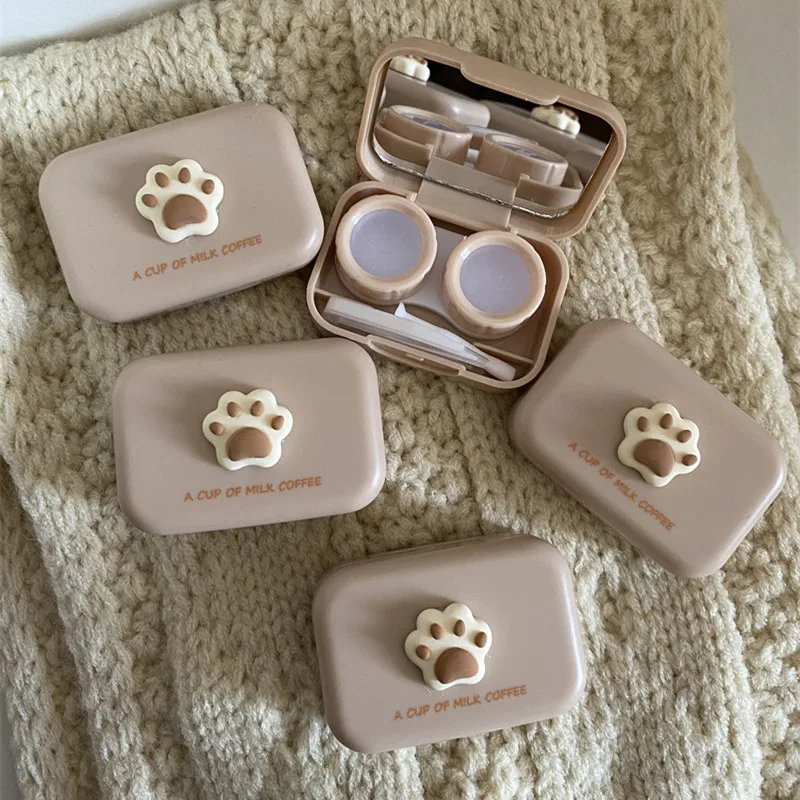 Ins Milk Tea Color Cute Cat Paw Contact Lens Box for Girls Compact and Portable Contact Lens Case Travel Contact Lenses Case