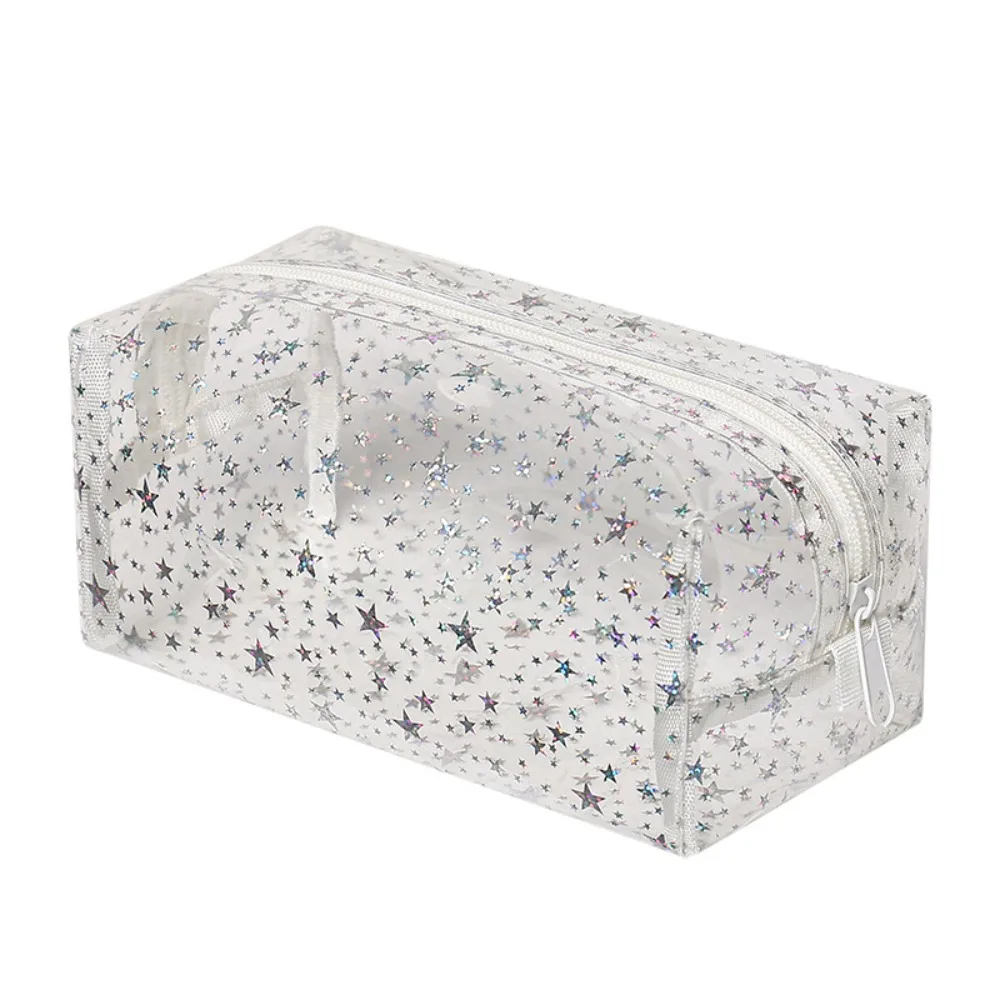PVC Waterproof Transparent Makeup Bag Glitter Stars pattern Portable Cosmetic Pouch Smooth zipper Large capacity
