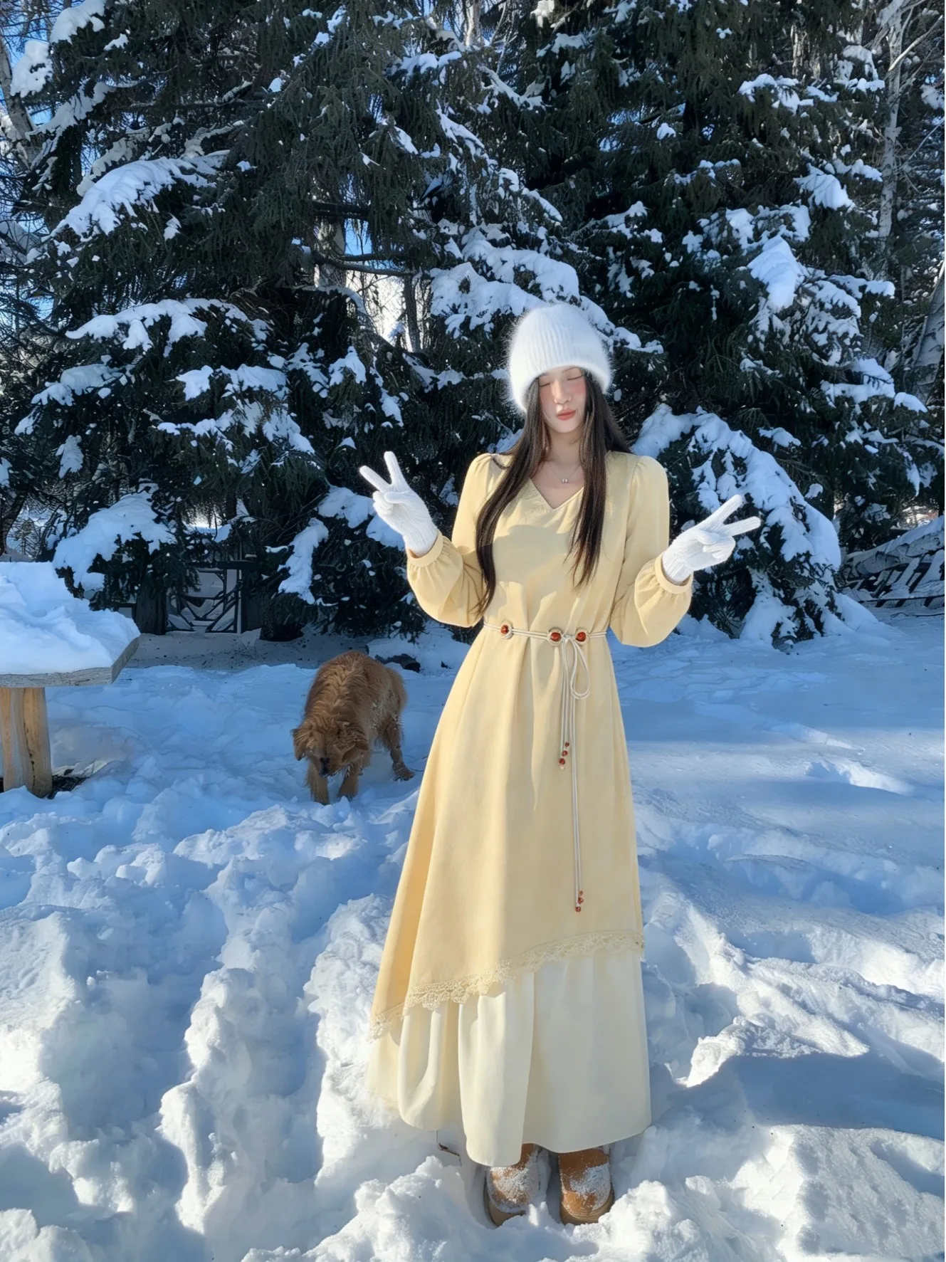 

plus Size Yellow V-Neck Long Sleeve Dress Beaded Waist A-Line Skirt Korean Style Commute Winter New Arrival Women's Dress