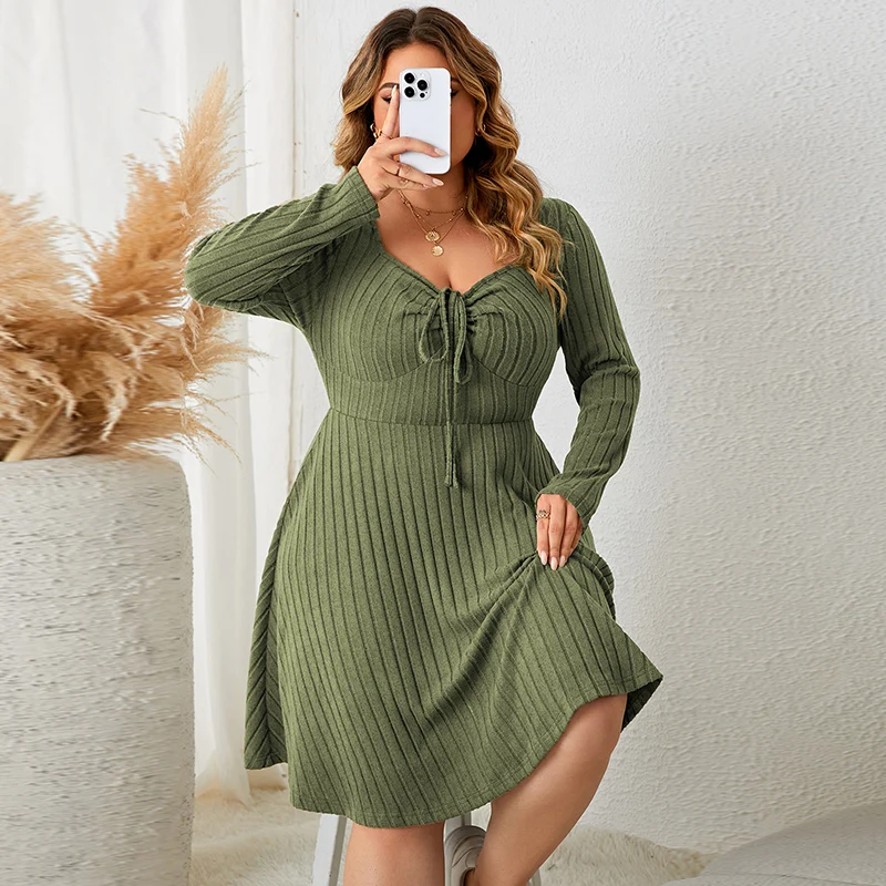 Fashion Plus Size Clothing Dresses 2023 Casual Long Sleeve Green Elegant Party Vacation Large Size Short Female Sweater Dress