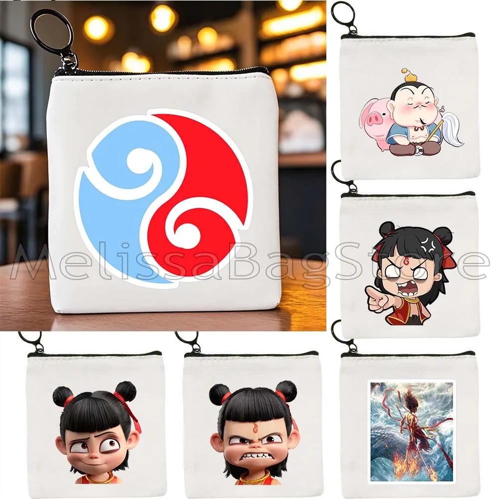 Cute Cartoon Ne Zha Ao Bing The Demon Boy Chinese Anime Gifts Canvas Coin Purse Small Square Key Storage Card Bag Wallet Pouch