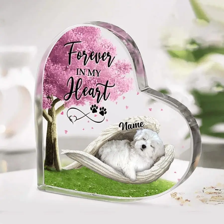 Personalized Maltese Sleeping Angel Acrylic Heart Shaped Plaque, Pet Remembrance Keepsake Desk Heart Decor, Memorial Gifts for Loss of Dog