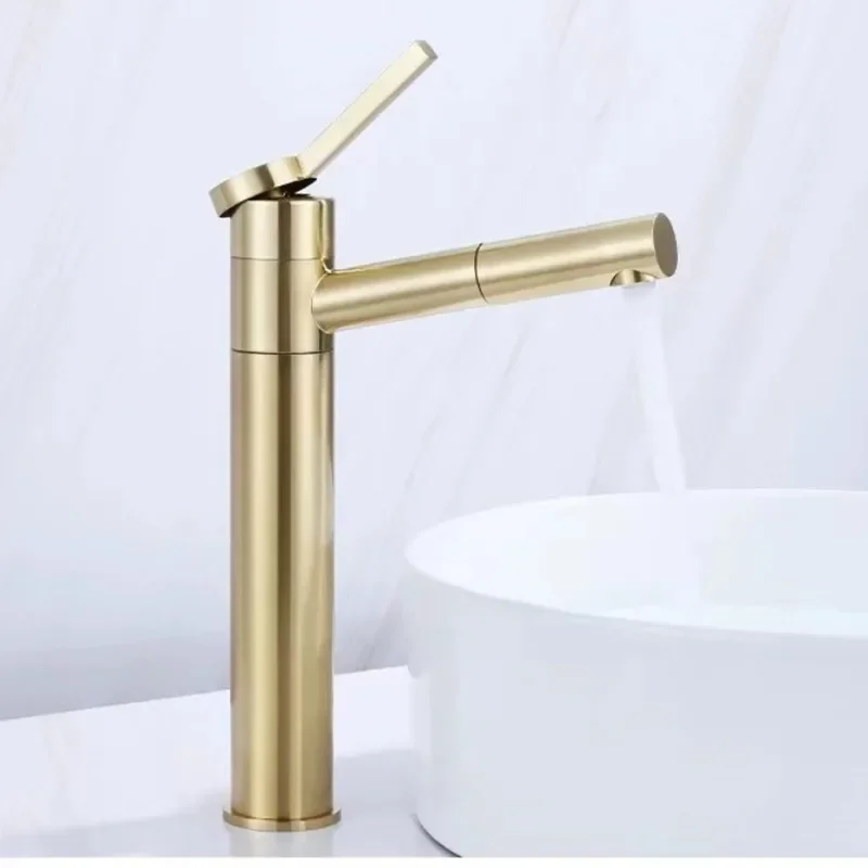 Basin Faucet Bathroom Sink Tap Brass Pull Out Brush Gold Single Lever Bathroom Water Mixer Crane Hot and Cold Sink Tap