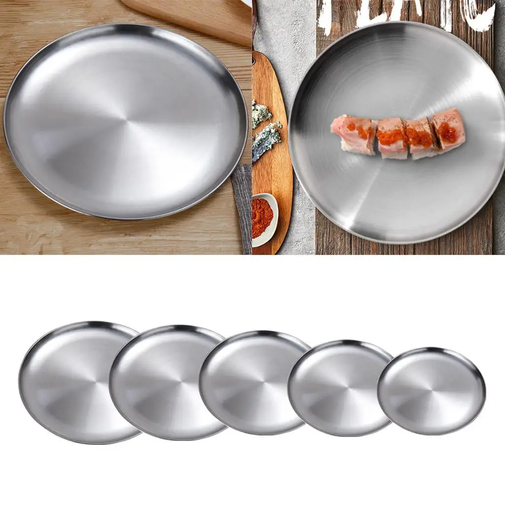 Stainless Steel Dinner Plates Western Steak Round Tray Kitchen Serving Dishes Salad Shape Round Plate Cake Dessert Tray - Silver