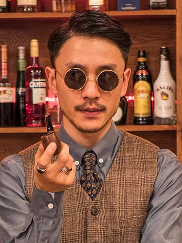 中華民国レトロラウンドフレームサングラス、男性用、運転に特化、紫外線防止、風変わりなメタル薄枠偏光サングラス