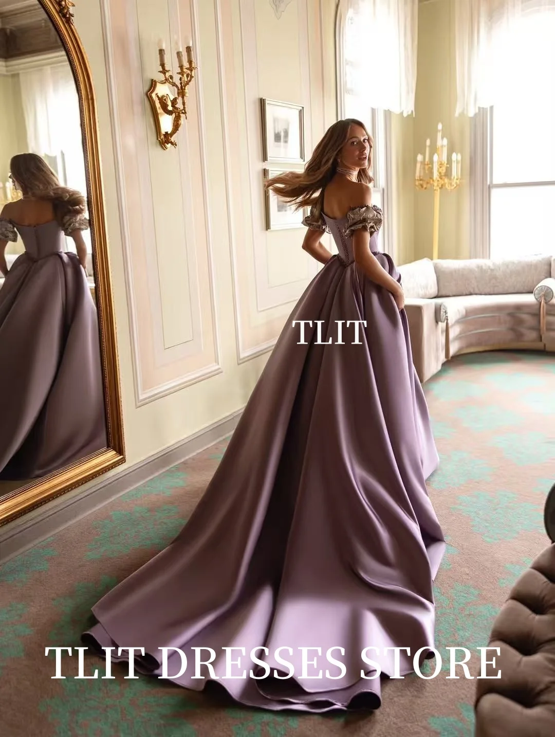 TLIT Luxus Lila Langes A-Linie Abendkleid Saudi Arabisch Frauen Formales Partykleid Applikationen Kristall Trägerloses Maßgeschneidertes Kleid