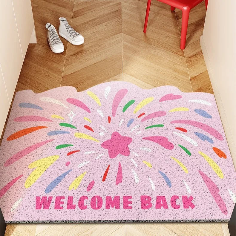 Colorful Pattern PVC Coil Doormat Non-Slip Easy Clean Wire Loop Entrance Mat with WELCOME BACK for Home Decoration