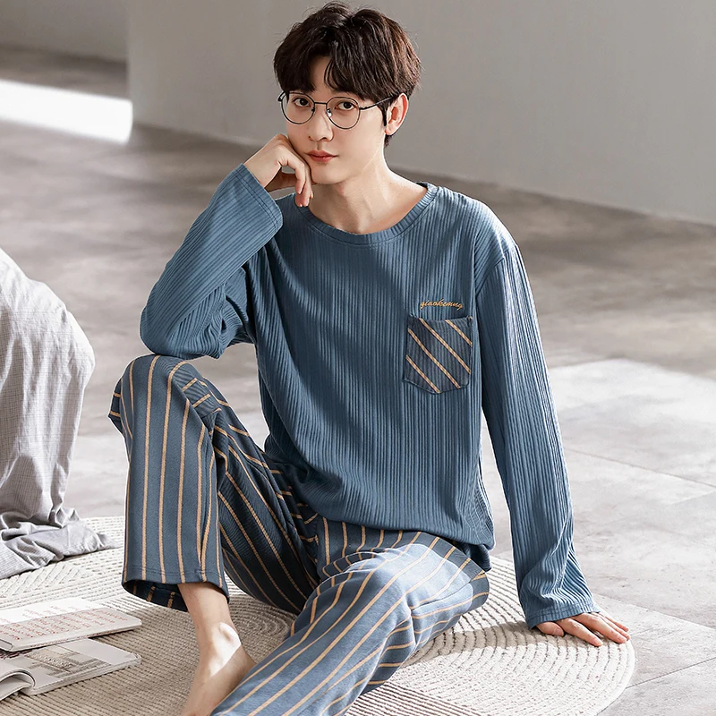 Spring Autumn Men Cotton Pajamas Set Fashion Casual Striped Patchwork Sleepwear Suit Home Clothes Loose Home Wear Big Size 4XL