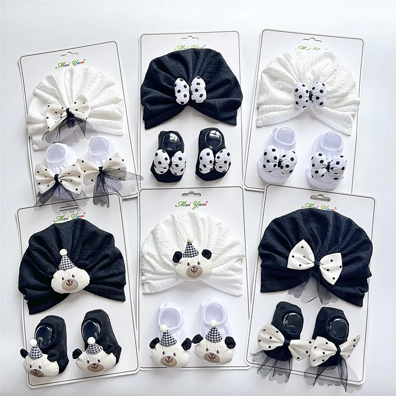 

Носки с бантом в горошек, индийская шапка, комплект для новорожденных, шапка плода, От 0 до 2 лет, кружевной тюрбан с бантом, головной платок, милые шапочки с медведем, обувь