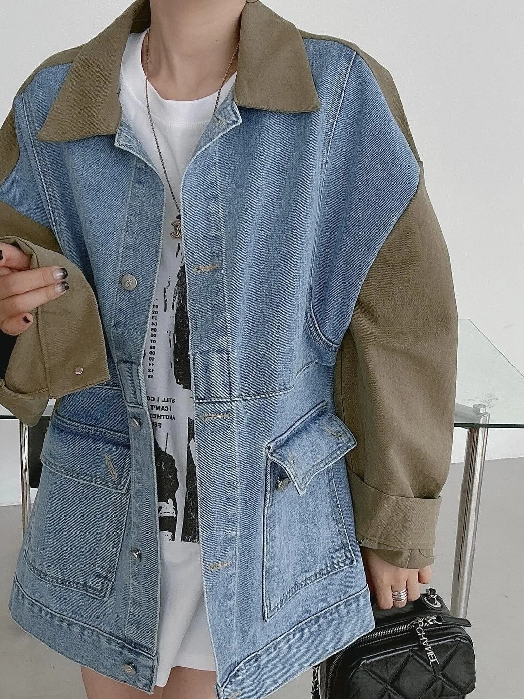 

Шикарный винтажный весенний воротник-стойка, свободный повседневный длинный джинсовый тюнер, женская верхняя одежда модного цвета, контрастная блузка