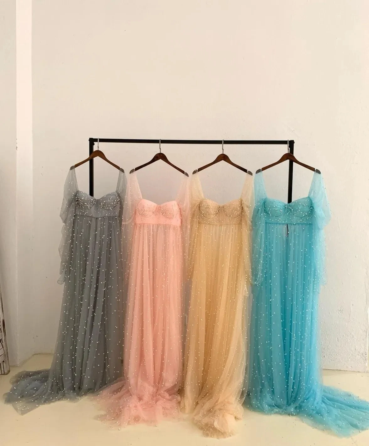 18049#Luxurious Pearl Tulle Maternity Dress For Photoshoot Wedding Guest Open Front Detachable Sleeves Pregnant Women Dresses