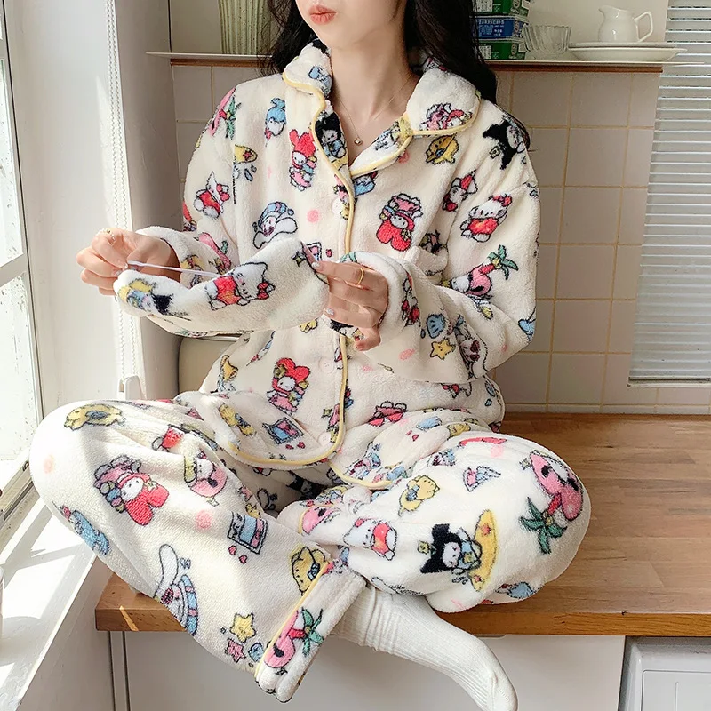 Sanrio Hello Kitty Long Sleeve Pajamas Women Cute Autumn Winter Plush Warm Girl Kawaii 2-piece Home Service Casual Pajamas Gift