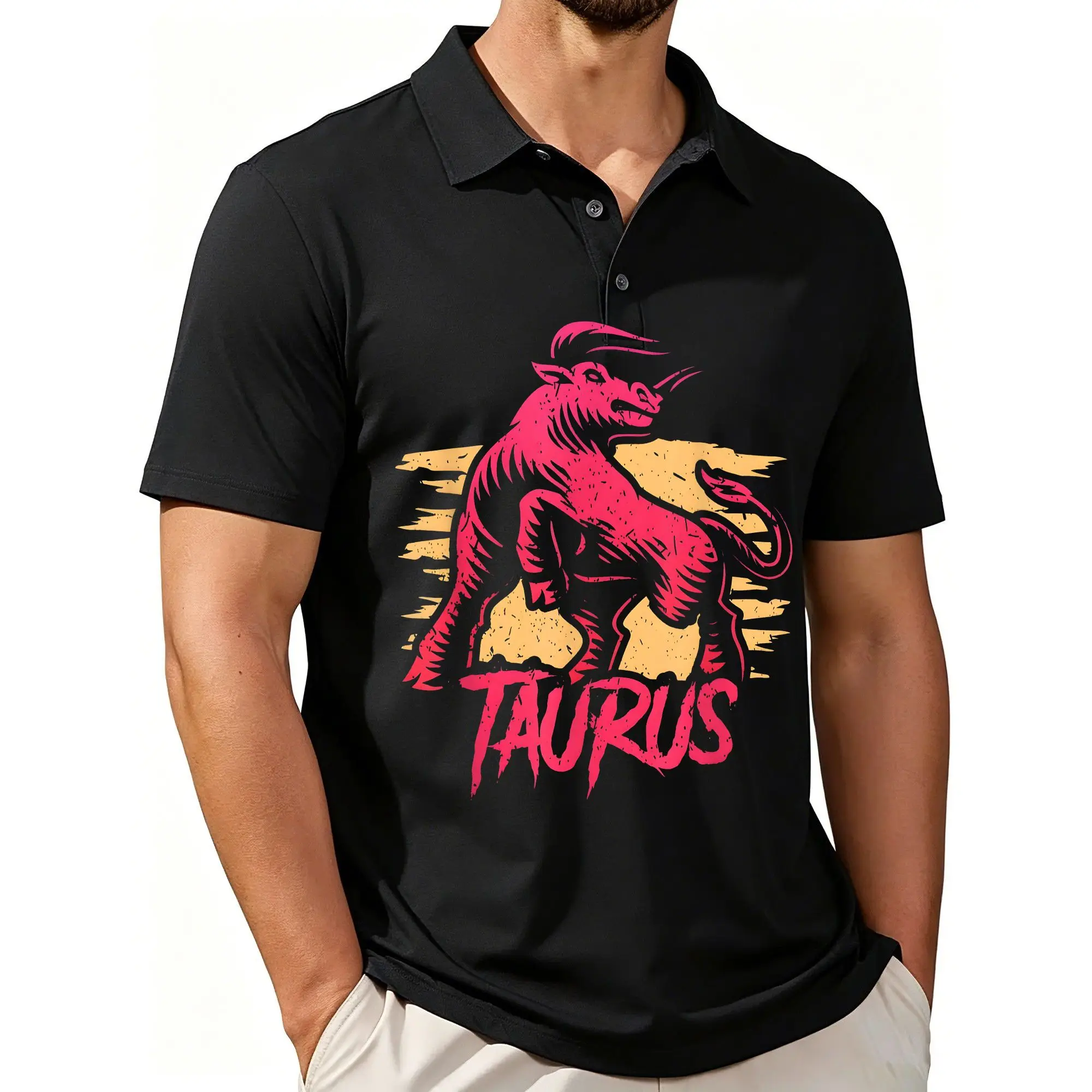 Men's Printed Short-Sleeved Polo Shirt with Babylonian Astronomical Taurus Constellation Symbols, Stylish and Casual Fit, Breathable Fabric, Suitable for All Seasons.
