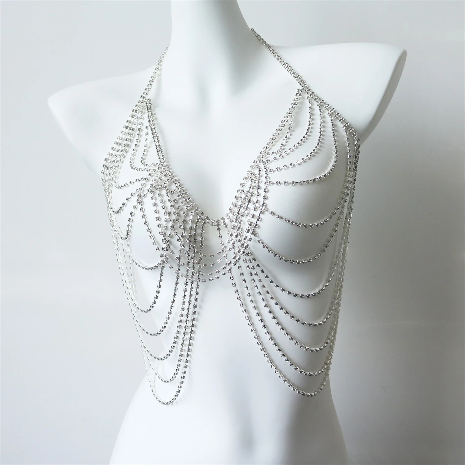 Silver Luxury Streamlined Zircon Chest Chain Beach Party Trendy Body Decoration Sexy Bra Body Chain Jewelry