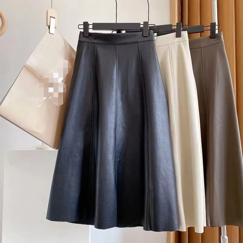 

Юбка из натуральной кожи ягненка, женская, с высокой талией, асимметричная, А-силуэт, фасон «зонтик», повседневная, простой дизайн, для девушек